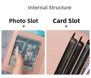 Detailed interior of slim pink leather card wallet with photo slot and multiple card holders
