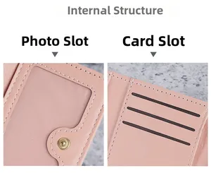 Vue détaillée de l'intérieur du portefeuille rose avec fentes pour cartes et fenêtre