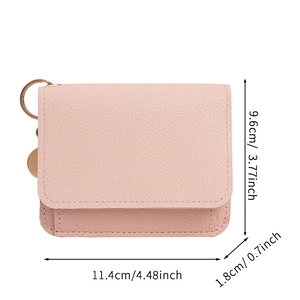 Detailed size view of pink faux leather card holder with gold keychain and dimensions