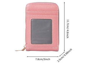 Pink lychee grain card holder dimensions detail showing 11.7x7.8x2.5cm size and zipper