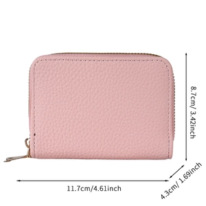Pink PU leather card holder dimensions: 11.7x8.7x4.3cm with litchi grain and dual zipper
