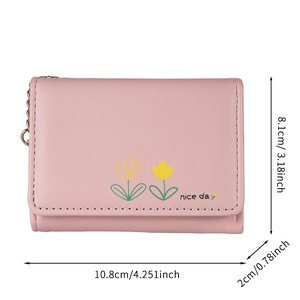 Petit portefeuille rose en cuir PU avec motif tulipe, dimensions 10,8x8,1x2 cm