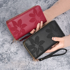 Portefeuille Long Femme PU Cuir Double Fermeture Éclair Motif Fleuri Grande Capacité Pochette Avec Dragonne Porte Carte Sac Téléphone