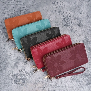 Portefeuille long pour femme en cuir gaufré avec double fermeture éclair et dragonne, 5 couleurs