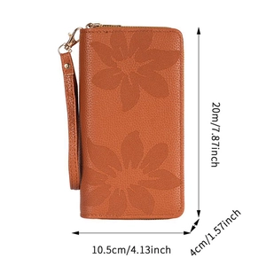 Portefeuille long en cuir marron avec relief floral double fermeture et dragonne