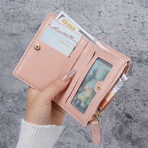 Pink PU leather short wallet for women featuring multiple card slots and zipper pocket