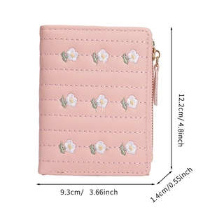 Pink short wallet with daisy embroidery and quilted faux leather design for women