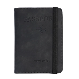 Slim black PU leather passport holder travel wallet with elastic closure strap and gold text