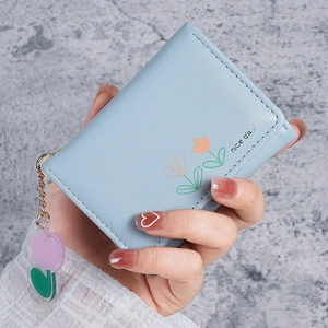 Petit Portefeuille Pliant Pour Femmes En Cuir PU Imprimé Tulipe Porte-Cartes Fenêtre Photo Avec Pendentif Fleur Style Frais
