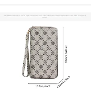 Vue détaillée des dimensions d'un long portefeuille à double zip et motif floral