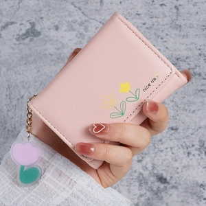 Petit portefeuille rose à motif tulipe avec pendentif floral pour femmes et étudiantes