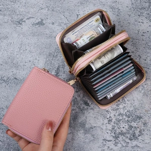 Pink lychee texture PU leather double zipper card holder wallet for women with multi-slots