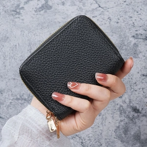 Litchi pattern PU leather double-layer card wallet with gold zipper and pebble texture