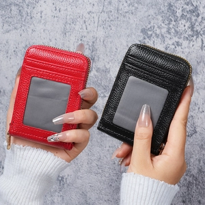Compact Litchi Grain PVC Synthetic Leather Card Holder Wallet With Metal Zipper Multi Slot Accordion Pocket For Women Men