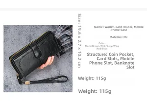 Detail view of long PU leather wallet showing functional 19.6x2.7x10.2cm dimensions