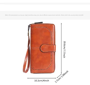 Detail of vintage oil wax PU leather long wallet with laser perforated stitching