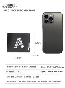 Men's bifold PU leather wallet size comparison guide with internal slot details