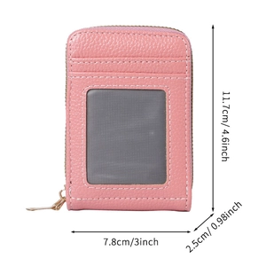 Pink pebbled leather RFID card holder wallet with dimensions 11.7x7.8x2.5cm shown on white background