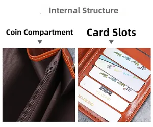 Detail view of brown wax PU leather wallet with zipper pocket and multiple card slots