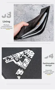 Detail of bifold wallet lining with multiple slots and white graffiti art on black leather