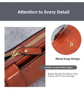 Detail of caramel PU leather wallet featuring smooth metal zipper and fine stitching accents