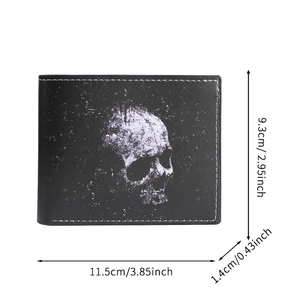 Short black vintage skull print wallet with dimensions 11.5cm by 9.3cm in detail