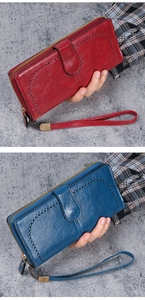 Dual view of vintage oil wax PU leather long wallets in red and blue with wrist straps