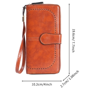 Retro wax PU leather long wallet for women with wristlet and hollow pattern 19.6cm