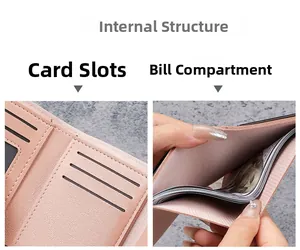 Internal view of pink leather wallet showing card slots and currency compartment