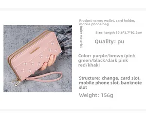 Pink PU leather wallet specifications showing dimensions 19.6x3.7x10.2cm and internal structure