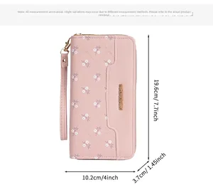 Detailed size chart of pink floral long wallet with detachable wristlet and dimensions