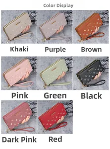 Detailed grid display of multi-color long zip wallets with elegant floral embroidery