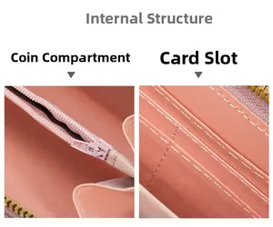 Detail of pink leather wallet interior showing multiple card slots and a zipper coin pocket
