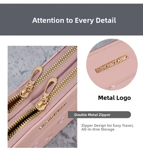 Detail of premium double golden metal zippers and floral pattern on pink long wallet