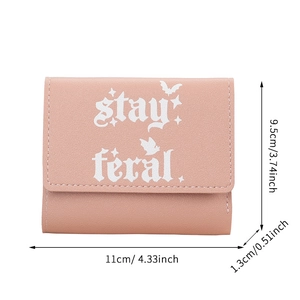 Pink trifold wallet with 'Stay Feral' bat print, compact PU leather Halloween purse