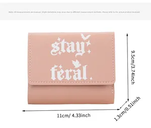 Detailed size chart of a slim tri-fold wallet in dusty pink with faux leather texture