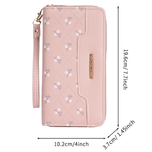 Pink quilted long wallet with floral print and wristlet, dimension 19.6x10.2x3.7cm