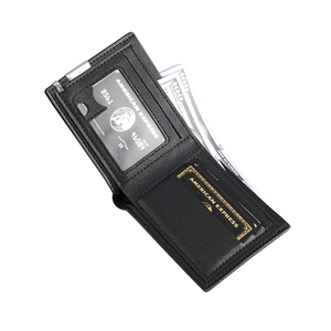 Men's black leather bifold wallet with multi-card slots and metal money clip detail