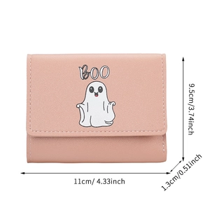 Pink PU leather tri-fold wallet with cute cartoon ghost and BOO print for women
