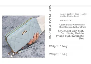Detail view of light blue quilted PU wallet showing 19.6x4.3x10.7cm size and wrist strap