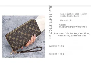 Brown heart embossed PU long wallet detail with dual zipper and size 19.6x4.3x10.7cm