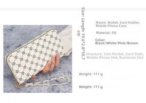 Detail view of large capacity white long zip wallet with floral pattern and dimensions