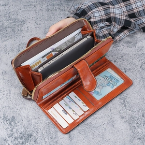 Retro wax PU leather long wallet for women with large capacity card slots and phone pocket