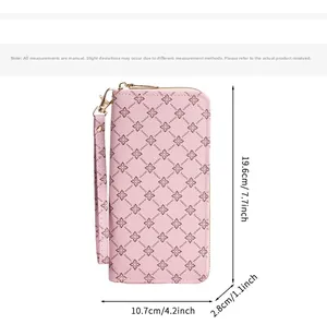 Detailed dimensions of a pink long zip-around wallet with wristlet and floral pattern