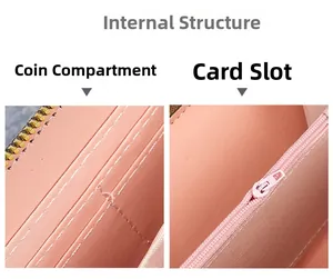 Detailed interior of pink long wallet showing card slots and zippered coin compartment