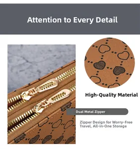 Detail of dual golden metal zippers and heart print on premium brown textured leather