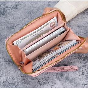 Pink women's long zip wallet with large capacity showing card slots and phone pocket