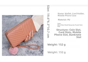 Detail view of pink V-quilted long wallet with pom-pom charm and wristlet strap