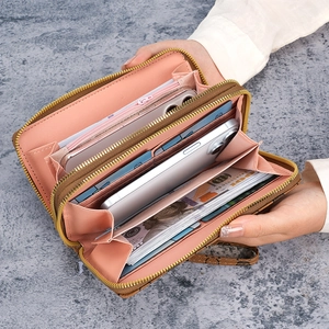 Dual-zipper long wallet with brown classic pattern and large capacity for phone and cards