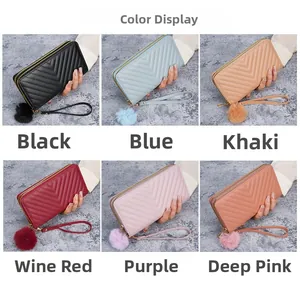 Detailed macro view showing six colors of V-pattern quilted long double zipper wallets